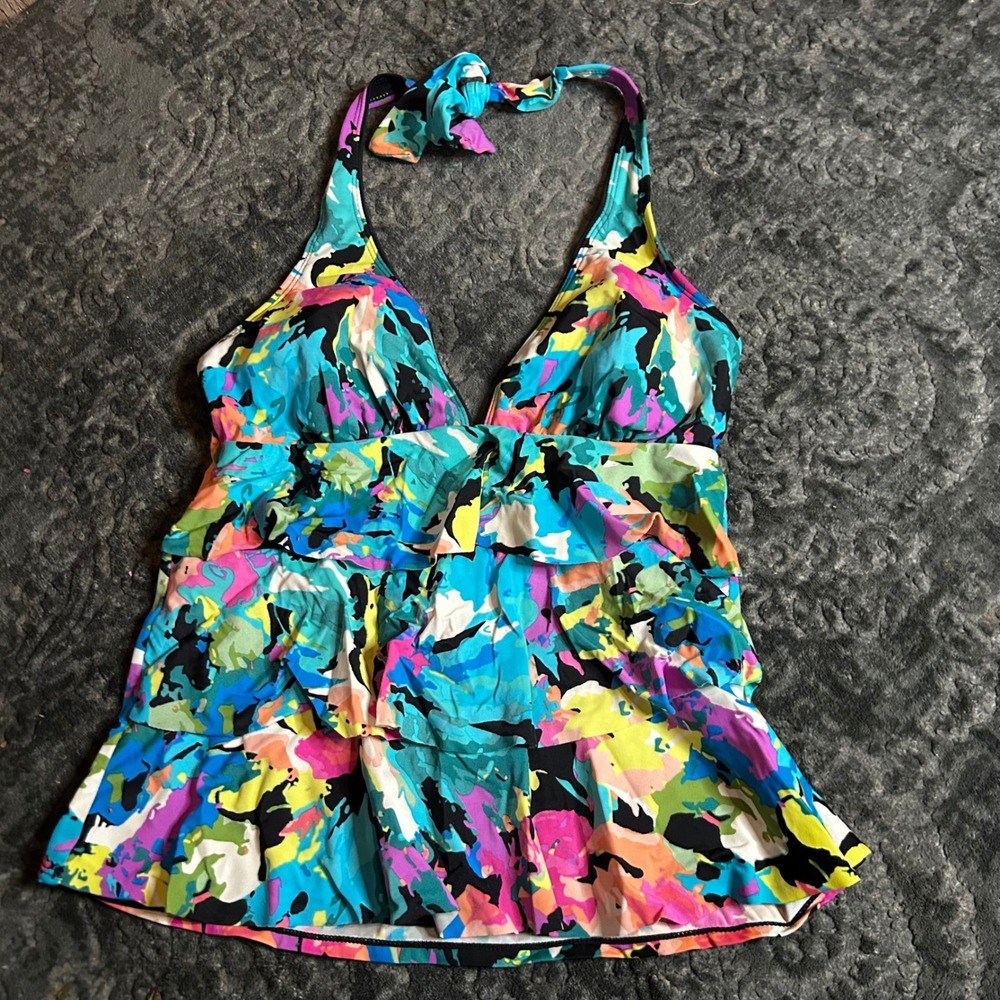 Kim Rogers Womens‎ Multicolor Abstract Floral Tiered Ruffle Halter Tankini Top S